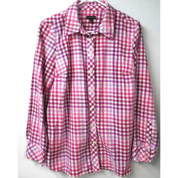 Talbots Womans Pink Purple Checkered Button Down 100% Cotton Sz MED - Picture 1 of 9